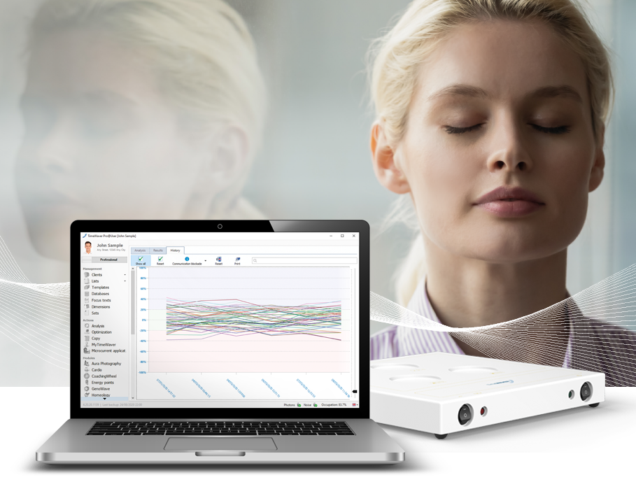 TimeWaver Proの機器と、リーディング結果を表示した解析画面
